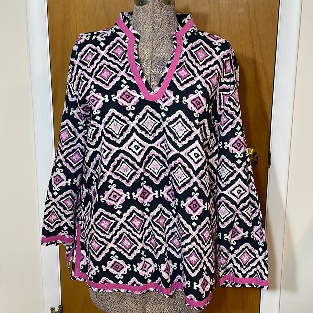 JM Collection Womens 16 Black with Pink and White Pattern Blouse Long Sleeve